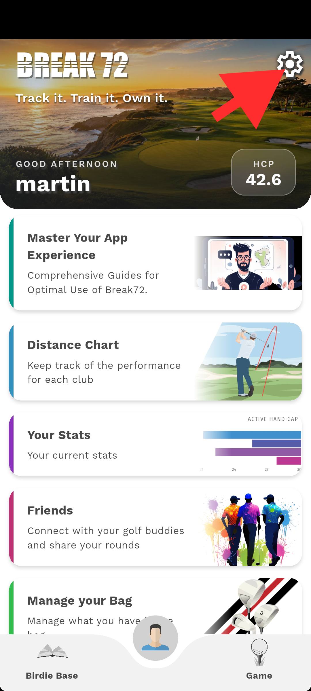 Break72 home screen with a red arrow pointing at the gear icon in the top right corner
