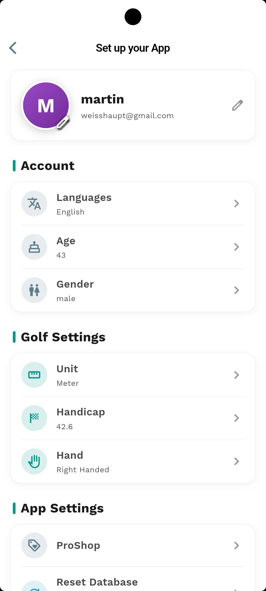 Break72 settings screen showing the profile, account and golf settings sections